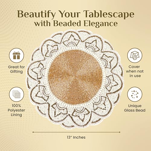 Hand Beaded Table Mats 13 Inch Round Charger Plate - Elegant Glass Beaded Placematss for Dining Table, Coffee Table, Kitchen Décor, Holiday, Wedding & Special Events (Gold Ivory) - ALPHA Living HOME - color: Gold Ivory, size: Set of 1