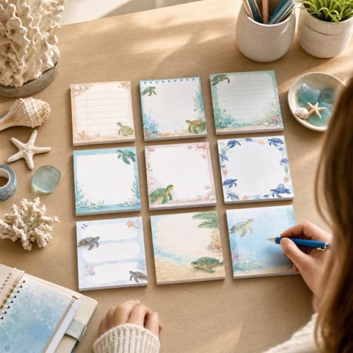 Sea Turtle Gift Sticky Notes - 9 Pcs Turtle Desk Accessories, Cute Animal Adhesive Notepads, School Office Stationery Supplies Birthday Christmas Festival for Turtle Lover 3 * 3 Inches - style: Sea Turtle