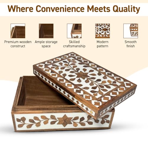 Perilla Home Home Decor Decorative Storage Wooden Box Small Floral Organizer Tool Stash Card Craft Treasure Trinket Memory Keepsake Jewelry Box for Men and Women, Gifts For All, Brown and Off White - color: Brown and off white