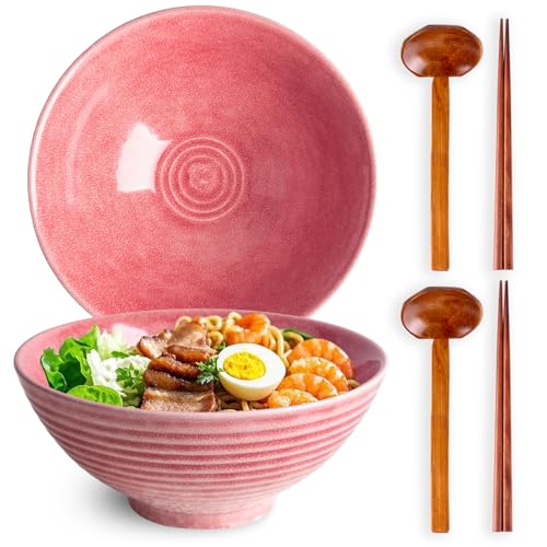 40oz Japanese Ceramic Ramen Bowl Set of 2 with Chopsticks and Spoons for Pho Udon Asian Soup Noodles (Pink) - color: Pink