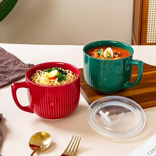 Ceramic Soup Bowl with Handle & Lid, 32oz Microwave Ramen Bowl Burgundy Red - color: Burgundy Red-32, size: 32 OZ
