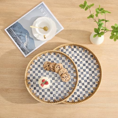 Round Rattan Tray with Mother of Pearl Inlay, Rattan Serving Tray with Wooden Base, Decorative Wicker Basket for Table Decor, Storage and Display of Coffee Bread Food Fruit (Checkerboard 13.5") - color: Checkerboard, size: 13.5"