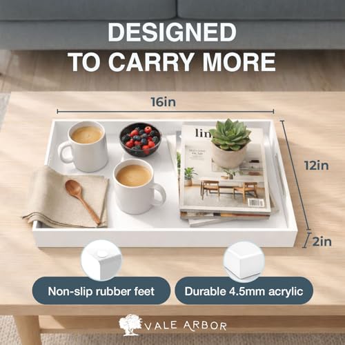 White Small Acrylic Serving Tray 16x12, Waterproof Modern Coffee Table Tray with Handles, Decorative Rectangle Acrylic Organizers for Living Room, Bar Cart, Bathroom Decor & Vanity Desk Decor - color: White, size: 16" x 12" x 2"