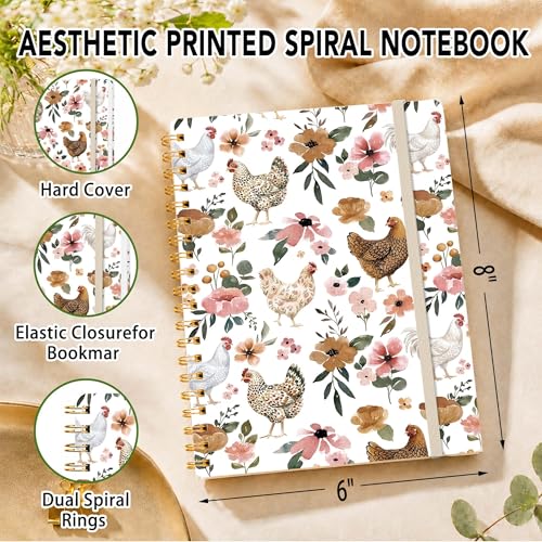 Chicken Lined Spiral Notebook, Pretty Hardcover Journal 6'' x 8.4'', Chicken Gifts for Women, Farmhouse Notebook for Writing - color: Chicken