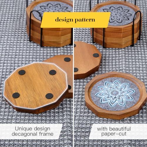 Wood Coasters for Drinks Absorbent with Lip, 4.3 Inch Acacia Wood Grey Felt Coaster with Holder for Wooden Coffee Table for Cups, Mugs, and Glasses - Set of 6 - color: Grey Felt