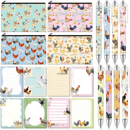 Eaasty 20 Pieces Chicken Gift Set Sticky Notes with Roosters Chicken Pens, Pencil Bags Makeup Bags, 3 x 4 Inches Cute Note Pads, Funny 1.0 mm Ballpoint Pens, Office Supplies for Women - style: Chicken