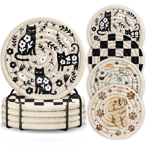 Drink Coasters Set of 4 - Cute Absorbent Cup Coasters for Drinks Coffee Table Office Home Desk Decor Soft Woven Cotton Cloth Braided Fabric Drinking Cup Mat with Holder Kawaii Cat Dog Animals - style: Animals Plaid