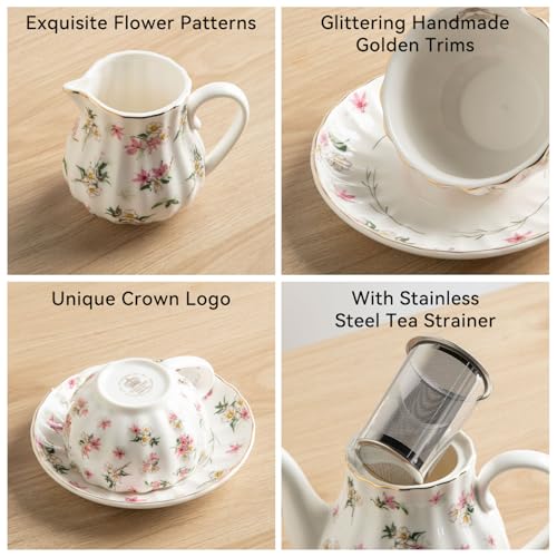 Porcelain Tea Sets British Royal Series, 8 OZ Cups & Saucer Service for 6, with Teapot Sugar Bowl Cream Pitcher Teaspoons and Tea Strainer, Suitable for High Tea, Wedding, Party（Spring Flowers） - color: Spring Flowers