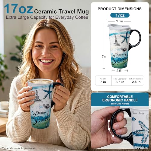 Topadorn 17oz Ceramic Travel Coffee Mug with Lid, Microwave Safe Tea Cup - color: North Beach