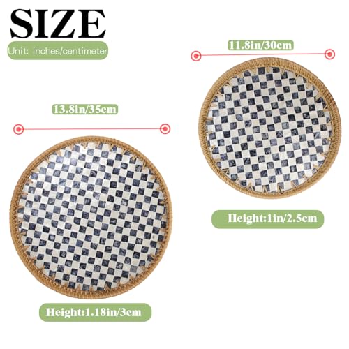 2 Pcs 11.8in & 13.8in Round Rattan Mother of Pearl Inlay Serving Tray