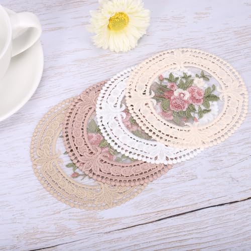 Fabric Coasters, 4pcs 4.7" - Polyester Crochet Coasters, Round Lace Embroidery Cup Mat with Floral Pattern for Wedding Party Decoration (Camel)