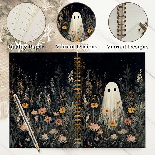 Notebook Journal for Women - A5 Spiral Notebook with Ghost in forest Design, Vintage Dark Romantic Ghost Wildflowers, Gothic Office & School Supplies, Unique Gifts for Women Birthday, Christmas (White-Ghost) - color: White-Ghost