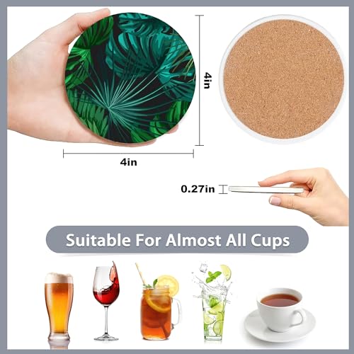 Drink Coasters Set of 6 with Holder,Tropical Palm Leaves Green Absorbent Ceramic Coasters with Cork Base,Fit All Cups,Tabletop Protection Mat for Mugs and Cups,Office,Kitchen - color: Tropical Palm Leaves Green