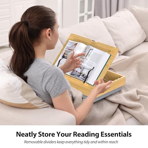 AboveTEK Book Stand for Reading with Storage, Adjustable Bamboo Book Holder with Soft Lap Cushion, Cookbook Stand, Hands-Free Book Reading Stand for Bed, Desktop & Kitchen Counter