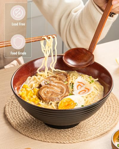8 Inch 40oz Large Japanese Ramen Bowl Set of 2,Material Safety Ceramic Ramen Bowls with Matching Chopsticks and Spoons, Pho Bowls Ramen Noodle Bowl for Asian Udon Soup Salad Cereal(Red) - color: Red