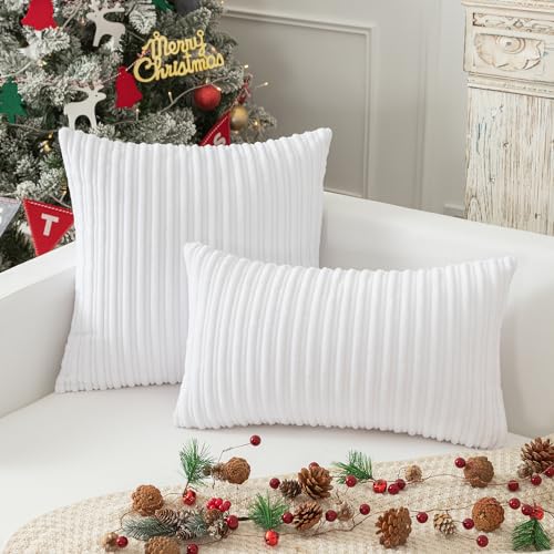 Kevin Textile Striped Corduroy 16”x16” Pillow Covers 2 Pack, Pure White - color: Pure White, size: 16" x 16" (Pack of 2)