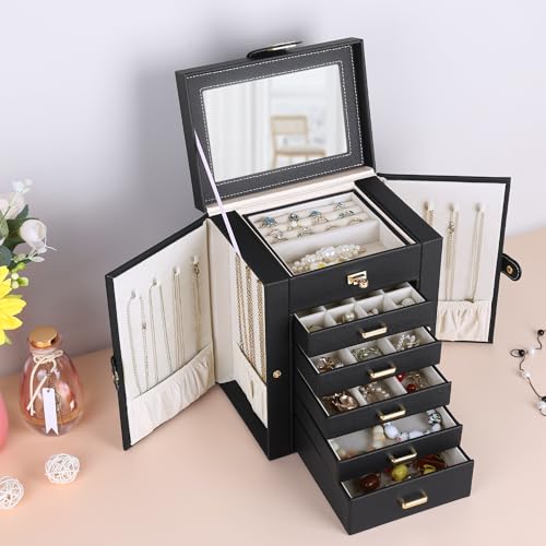 Kendal Jewelry Box, 6-Layer Jewelry Storage Organizer for Necklace Bracelet Rings Watch, 10.2"x8.2"x6" Classic Black PU Leather 5 Drawers Large Storage Capacity with Mirror - color: Black, size: Medium(10.2"x8.2"x6")