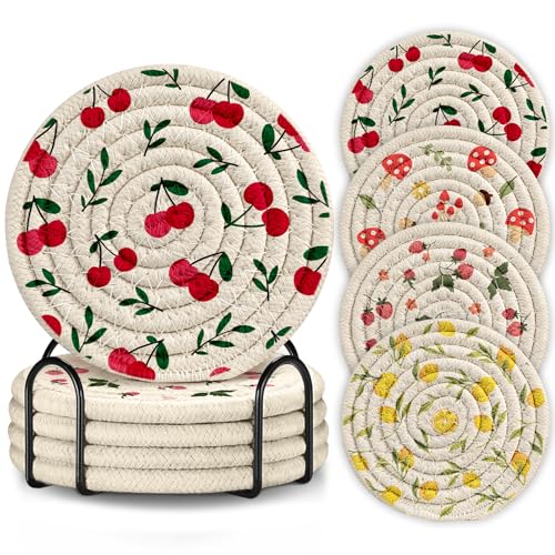 Drink Coasters Set of 4 - Cute Absorbent Cup Coasters for Drinks Coffee Table Office Home Desk Decor Soft Woven Cotton Cloth Braided Fabric Drinking Cup Mat with Holder Mushroom Cherry Fruit - style: Fruit Mushroom