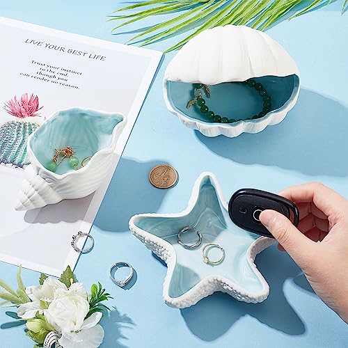 NBEADS Conch Shape Ceramic Jewelry Tray, Aqua Shell Trinket Dish Ceramic Ring Earring Holder Ocean-themed Decorative Trinket Plate for Rings Earrings Necklaces Bracelet Jewelry Watch Keys - color: Blue&White-Conch