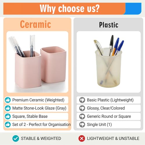 Ceramic Pen Holder Set of 2, Pencil Cup for Desk, Matte pink - color: Matte pink