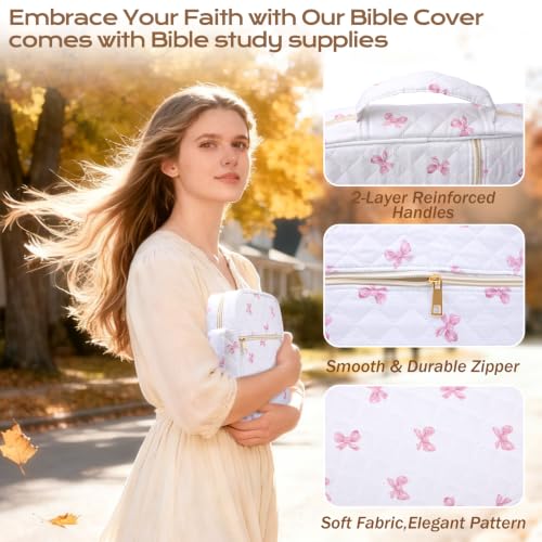 XKDOUS Bible Cover for Women Bible Bag Kit Church Book Holder Carrying Case - color: Red Bow