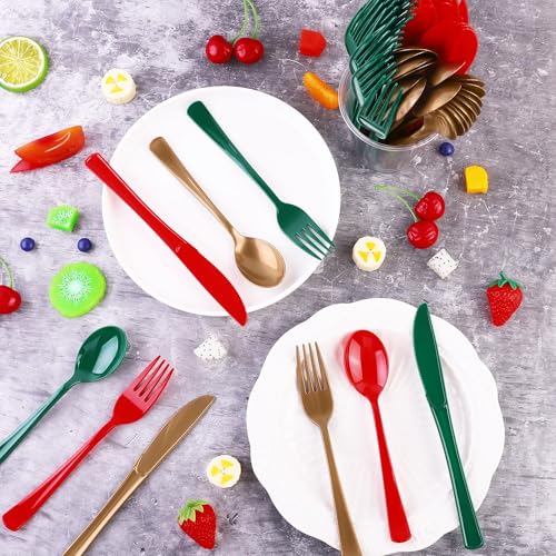 Kochorie 300 Pieces Christmas Plastic Silverware Heavy Duty Plastic Cutlery Set Heavyweight Disposable Flatware Includes Christmas Spoons Knives Forks for Christmas New Year Party - color: Red, Green, Gold