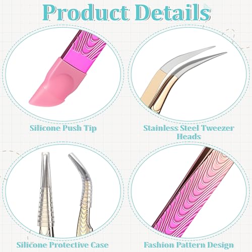 2PCS Crystal Pink Nail Tweezer, Double Ended Sticker Tweezers with Silicone Pressing Head for Craft, Precision Rhinestone Picker Tool for Jewelry Eyelash Nail Art, Curved Tip Tweezers Kit - color: Crystal Pink