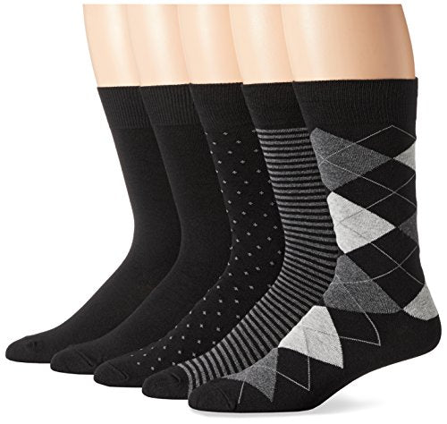 Amazon Essentials Men's Patterned Cotton Dress Crew Socks, 5 Pairs - color: Assorted Black, size: 8-12