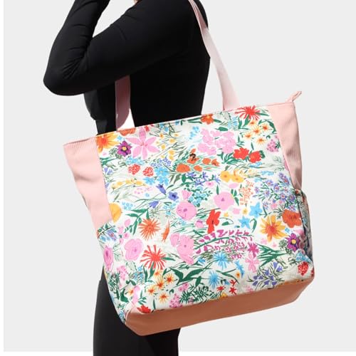 ESVAN Original Floral Water Resistant Large Tote Bag Shoulder Bag for Gym Beach Travel Daily Bags Upgraded - color: Corduroy Pink Flower
