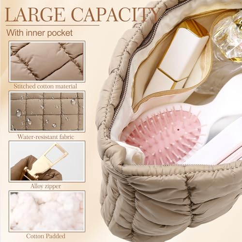 Hillban Light Tan Puffy Quilted Makeup Bag Cute Cosmetic Bag Gift, Classic - color: Light Tan, size: Classic