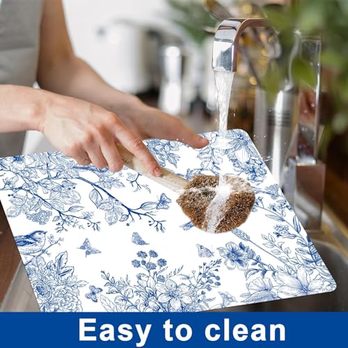 Blue Floral Placemats Set of 6 Flower Bird Plastic Table Mats Seasonal Spring Placemats Chinoiserie Place Mats Rustic Vintage Table Decoration for Indoor Outdoor Party Kitchen Dining - style: Blue Floral