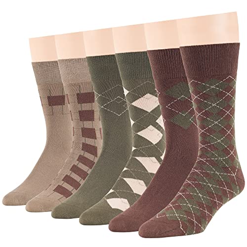 7BIGSTARS Men Cotton Patterned Crew Dress Socks 4-6 Pack, L 9-12 - color: Brown, Olive Green, Khaki (A40)
