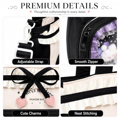Kawaii Ita Bag with Ruffle Trim, Cute Color Block Crossbody Bag, Pin Display Shoulder Bag with Insert Y2k Style - color: Black / Beige
