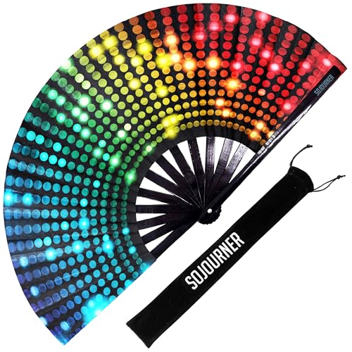 SoJourner Bags Bright Lights Rave Fan - Large Folding Clack Fan for Men and Women - Rave Accessories for EDM, Line Dancing, Cosplay, Concerts and More - color: Bright Lights