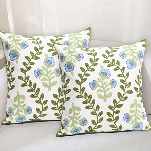 Set of 2 Embroidered Decorative Throw Pillow Covers Couch Square Pillowcases Cushion for Bedroom Sofa Farmhouse Decor 18x18 Inch (Blue Floral) - color: Blue Floral