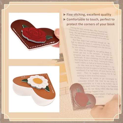VYRANA 4Pcs Leather Heart Bookmarks - Cute Corner Book Marks Sets for Reading, Vintage Read Lover Gifts for Women Men Teens Kids Reader, Stylish Book Markers for Reading, Ideal Gifts for Planner - style: Heart Plant
