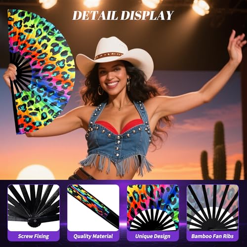 13 Inch Large Rave Fan & Clack Fan for Line Dancing - Folding Hand Fan with UV Glow for Boots on The Ground, Performance, Wedding, Party - Portable Handheld Fan for Women & Men - color: Leopard Print*1