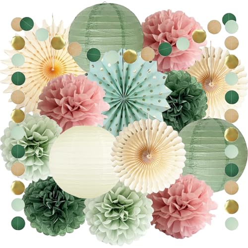 Sage Green and Dusty Pink Party Decorations Green & Pink Party Decor Sage Tissue Pom Poms Paper Lanterns Beige Paper Fans for Women Girls Birthday Wedding Bridal Shower Baby Shower Party Decor