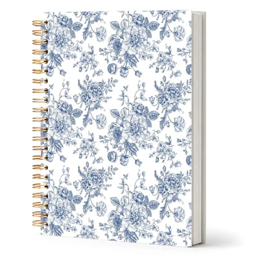Blue and White Chinoiserie Floral Spiral Notebook Journal 5.5x8.3, French Grandmillennial Blue Flower Hardcover Journal Notebook for Study Work Office - color: Bule Chinoiserie Floral