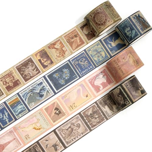 Stamps Washi Tape Set 4 Rolls Retro Post Decorative Vintage Patterns Masking Tapes for Arts, DIY Crafts, Journals, Planners, Scrapbook, Wrapping