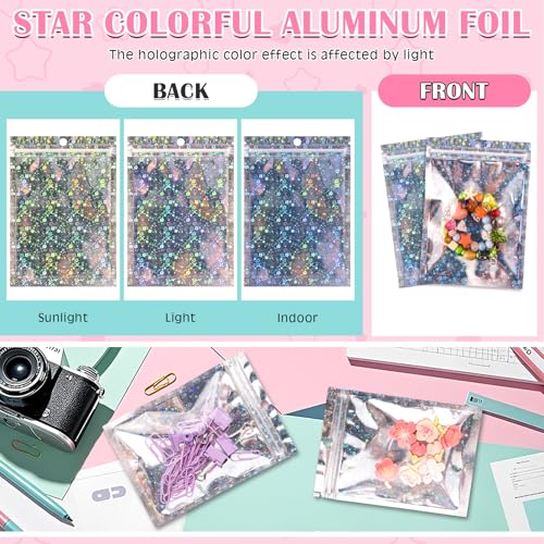 FUNFERY 100 Pack Star Pattern Clear Window Smell Proof 4x6 Holographic Bags - color: Holographic Star-100P, size: 4x6 inch