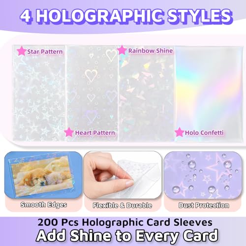 200 Pcs Holographic Card Sleeves 65x91mm, Clear Kpop Photocard Sleeves, Laser Flashing Trading Card Protectors for Photo Cards, TCG, Sports Cards and Collectible Cards, 4 Designs