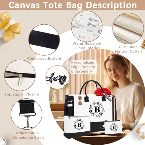 Monogram Personalized Initial Canvas Tote Bags for Women, Double-sided Embroidery Monogrammed Tote Bag Gifts - color: B