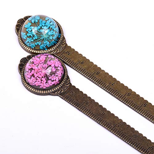 Wisdompro 2 Pcs Metal Bookmark Ruler with Dried Flower - Blue & Hot Pink - color: Blue & Hot Pink