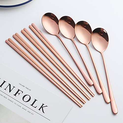Buyer Star 4 Set Spoon Chopsticks, Rose Gold Reusable Metal Stainless Steel Korean Chopstix Spoon Set - color: rose gold-flat chopstick and spoon