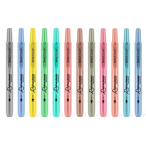 WRITECH Retractable Highlighters Assorted Colors: Chisel Tip Click Aesthetic Highlighter Marker Pens Pack Multi Colored Ink No Bleed Smear for Highlighting Journaling (12ct Mild+Vintage) - color: Mild+Vintage, size: 1 Count (Pack of 12)