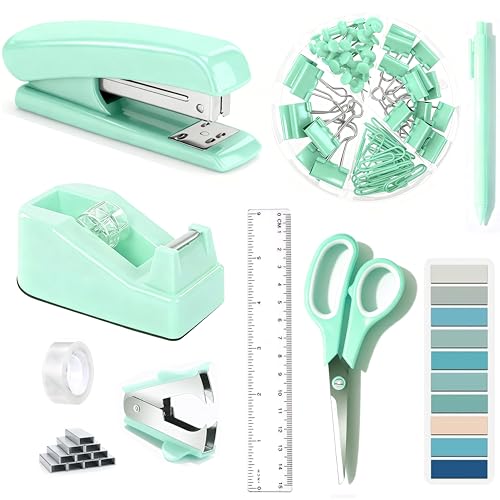 Dimonluce Green Office Supplies, Teal Desk Accessories Accessories with Tape Dispenser, Stapler, Staple Remover, 1000 Staples, Tape, Clips Set, Ruler, Scissor, Pen - color: Green