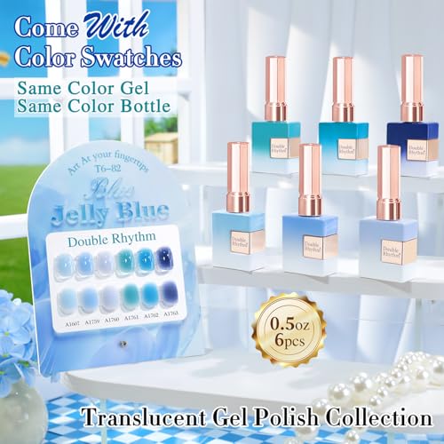 Double Rhythm 6 Pcs 15 ML Gel Polish Set Same Color Same Bottle Soak Off Gel Polish Kit Nail Art Manicure Salon DIY at Home for Women (Jelly Milky Light Dark Blue Navy-T6-82) - color: Jelly Blue