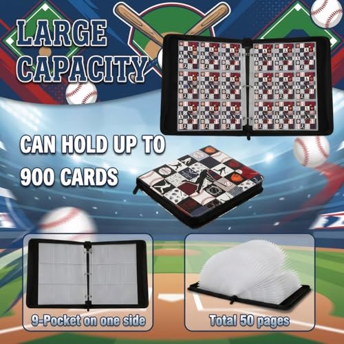Card Binder 9 Pocket, Black White Baseball, 900 Cards, PU Leather - color: Black White Baseball