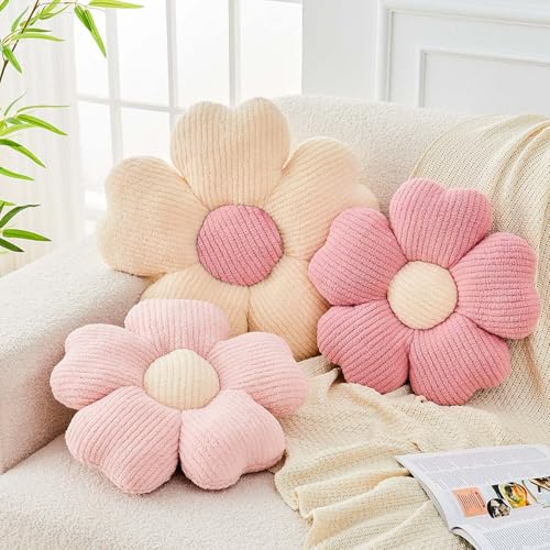 Kcvvcr Flower Throw Pillow, Cute Flower Shaped Pillow Decorative Throw Pillow for Bed Couch, Soft Daisy Pillows Floor Seating Cushion Cushions (14.9 Inch Ivory+Pink) - color: Ivory+pink, size: 14.9 Inch